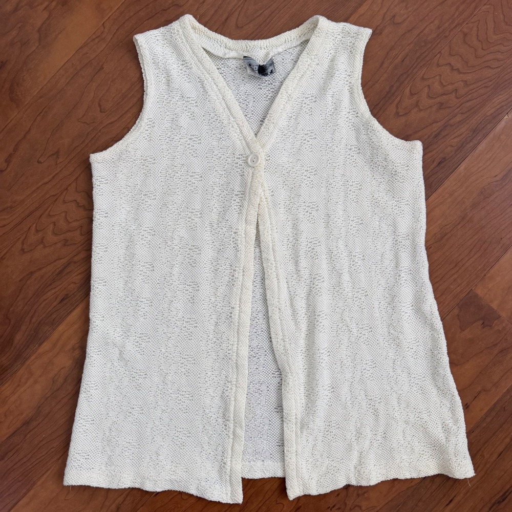 Vintage Sheer White Pointelle Knit Sleeveless Cardigan Vest Medium USA Granny